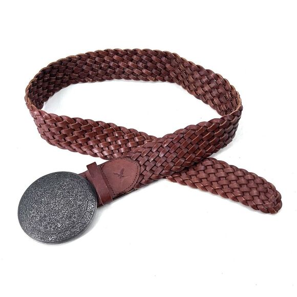 American Eagle Brown Leather Woven Braided Boho 2" Wide Hook Belt Womens Small - Picture 1 of 6